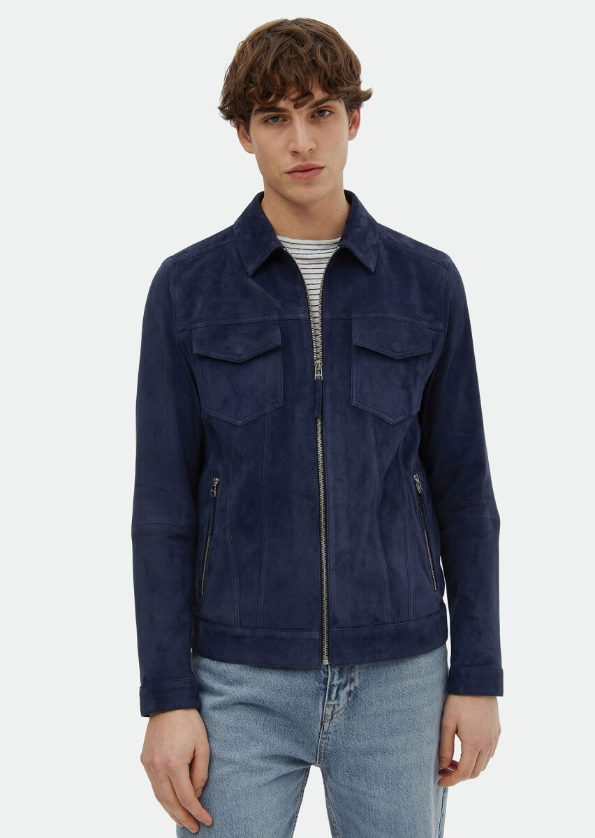 Navy Blue Suede Leather Coat - 3