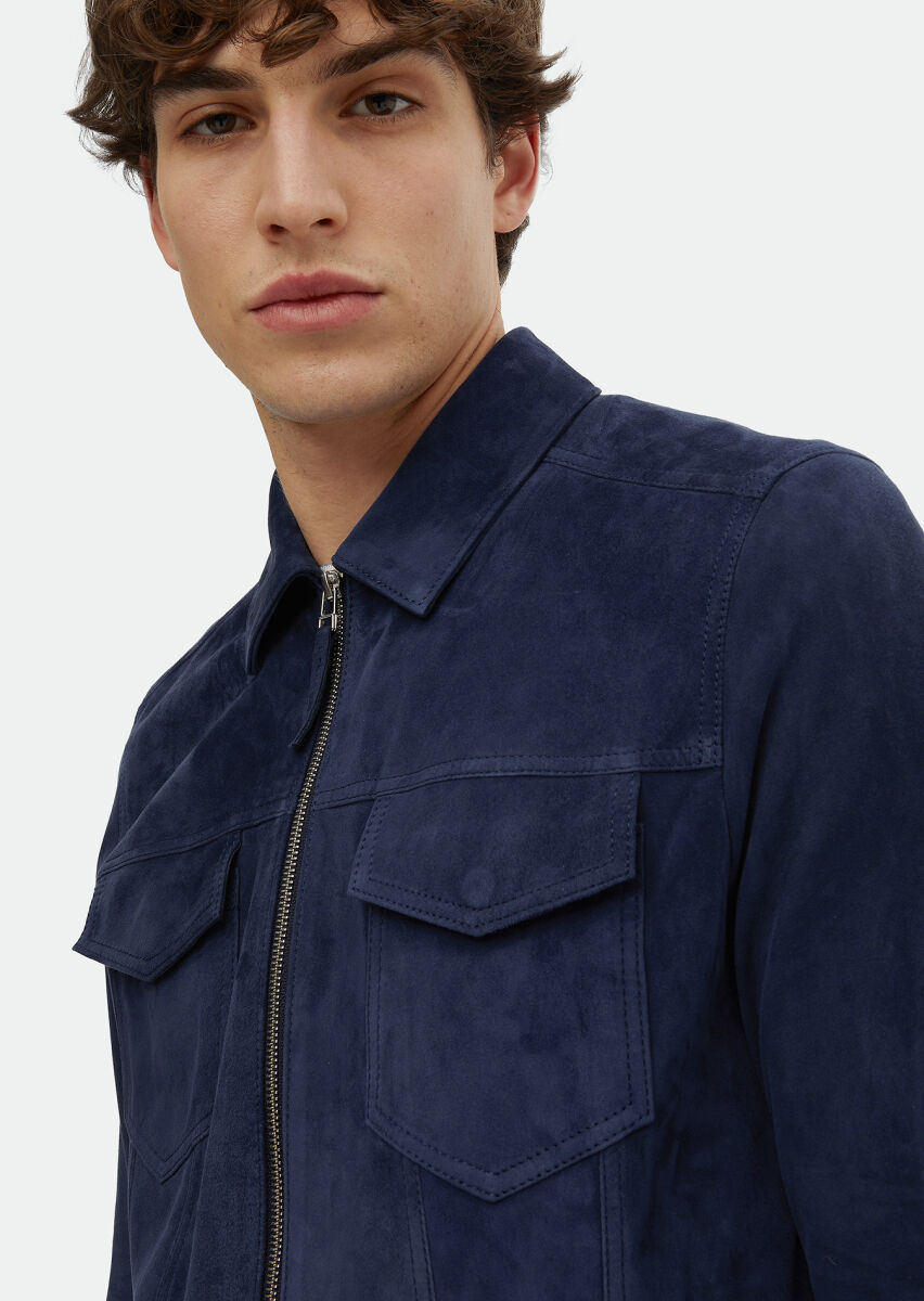 Navy Blue Suede Leather Coat - 4