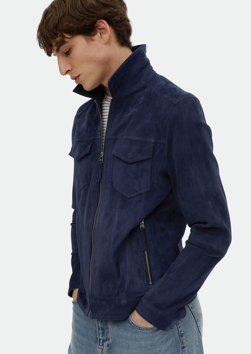 Navy Blue Suede Leather Coat - 5