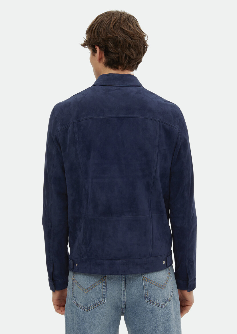 Navy Blue Suede Leather Coat - 6