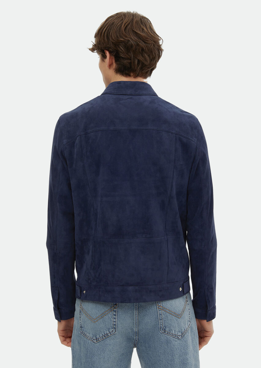 Navy Blue Suede Leather Coat - 6