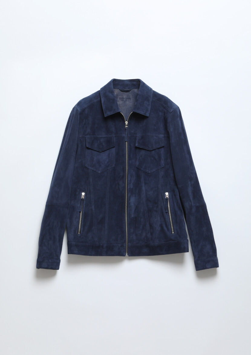 Navy Blue Suede Leather Coat - 7