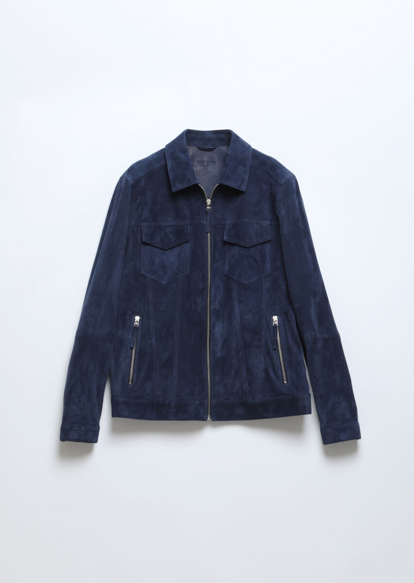 Navy Blue Suede Leather Coat - 7