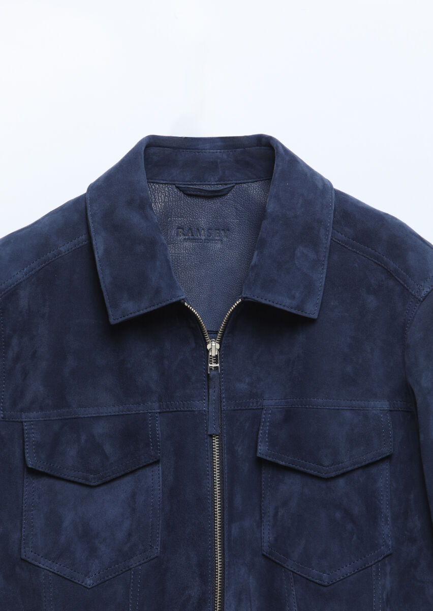 Navy Blue Suede Leather Coat - 8