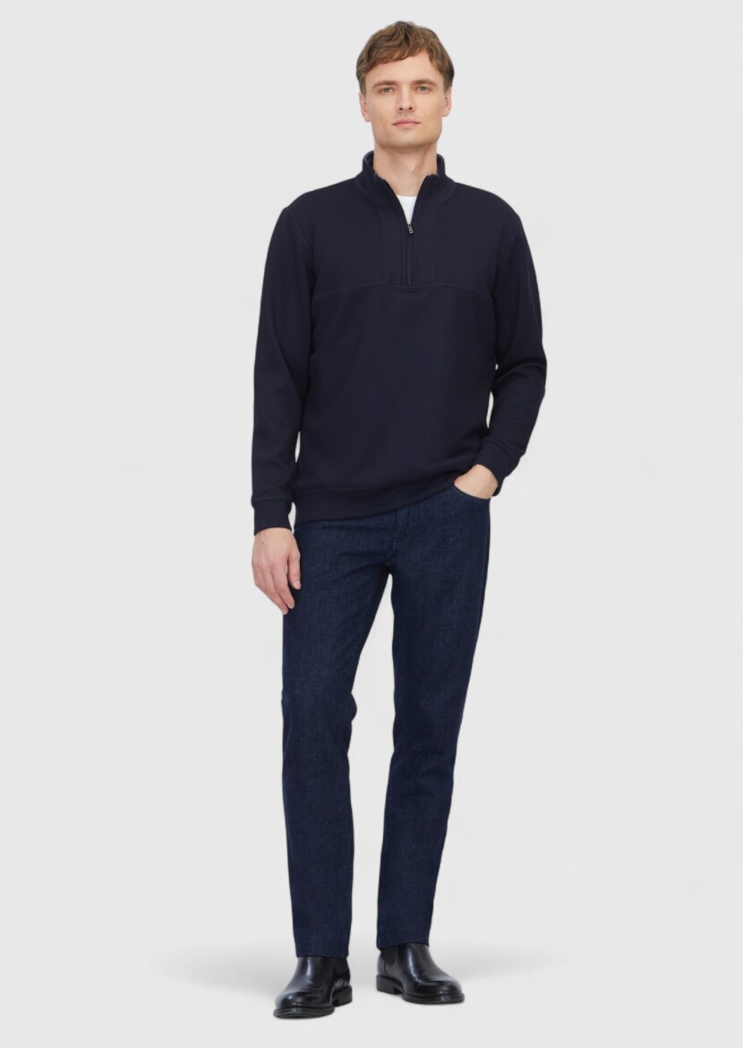 Navy Blue Turtleneck Plain Sweatshirt - RAMSEY