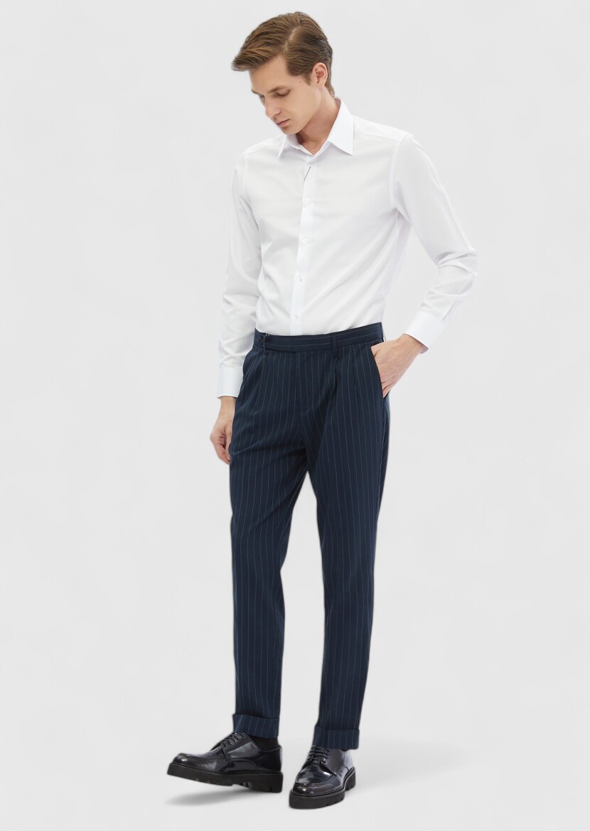 Navy Blue Weaving Carrot Fit Classical Trousers - 1