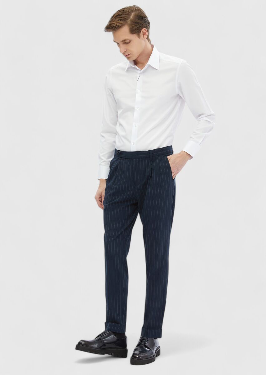 Navy Blue Weaving Carrot Fit Classical Trousers - 1