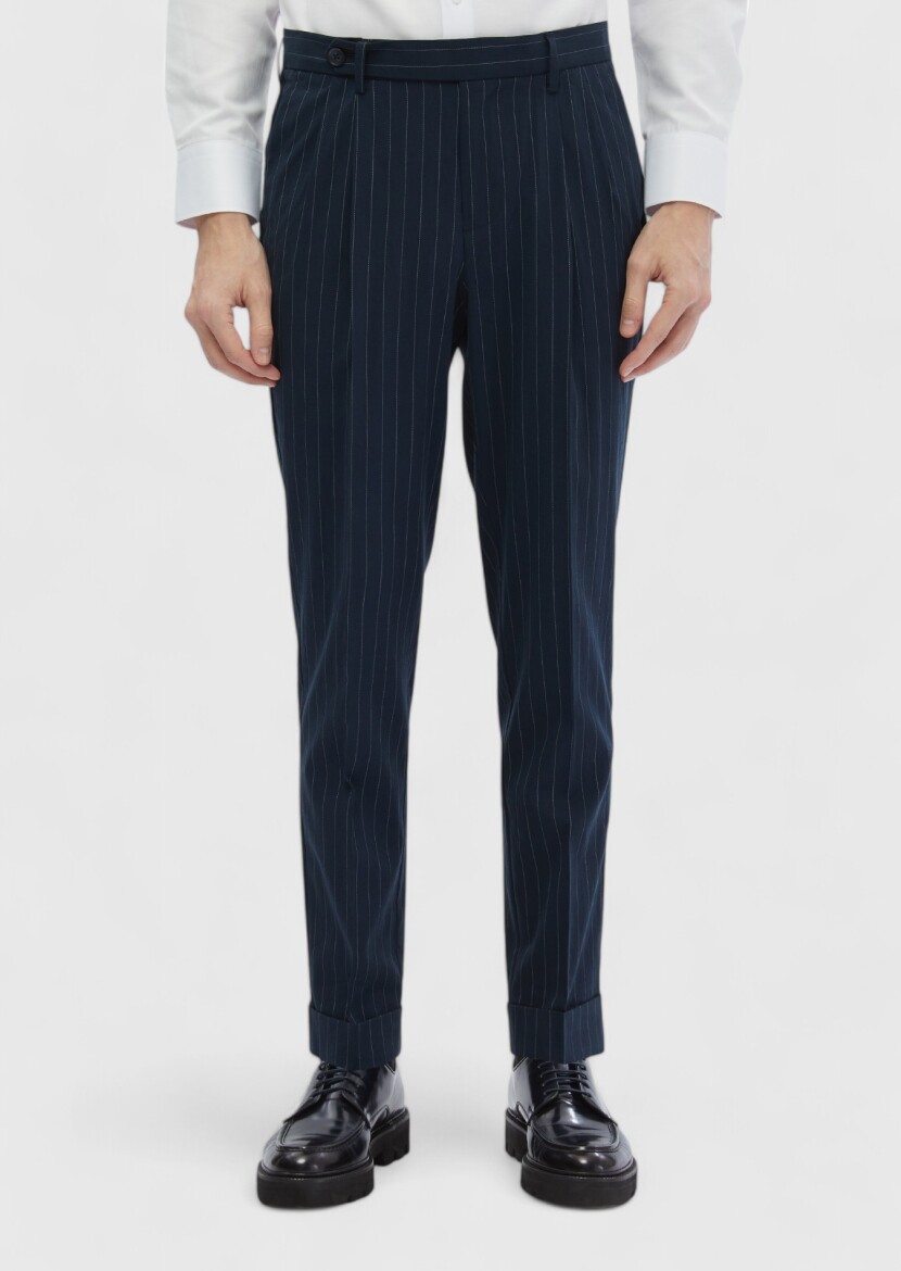Navy Blue Weaving Carrot Fit Classical Trousers - 3