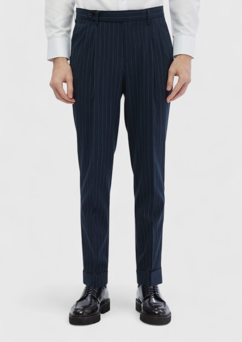 Navy Blue Weaving Carrot Fit Classical Trousers - 3