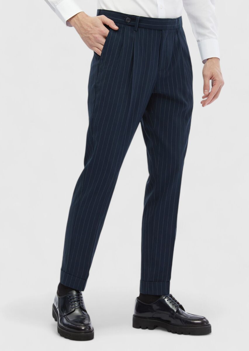 Navy Blue Weaving Carrot Fit Classical Trousers - 4