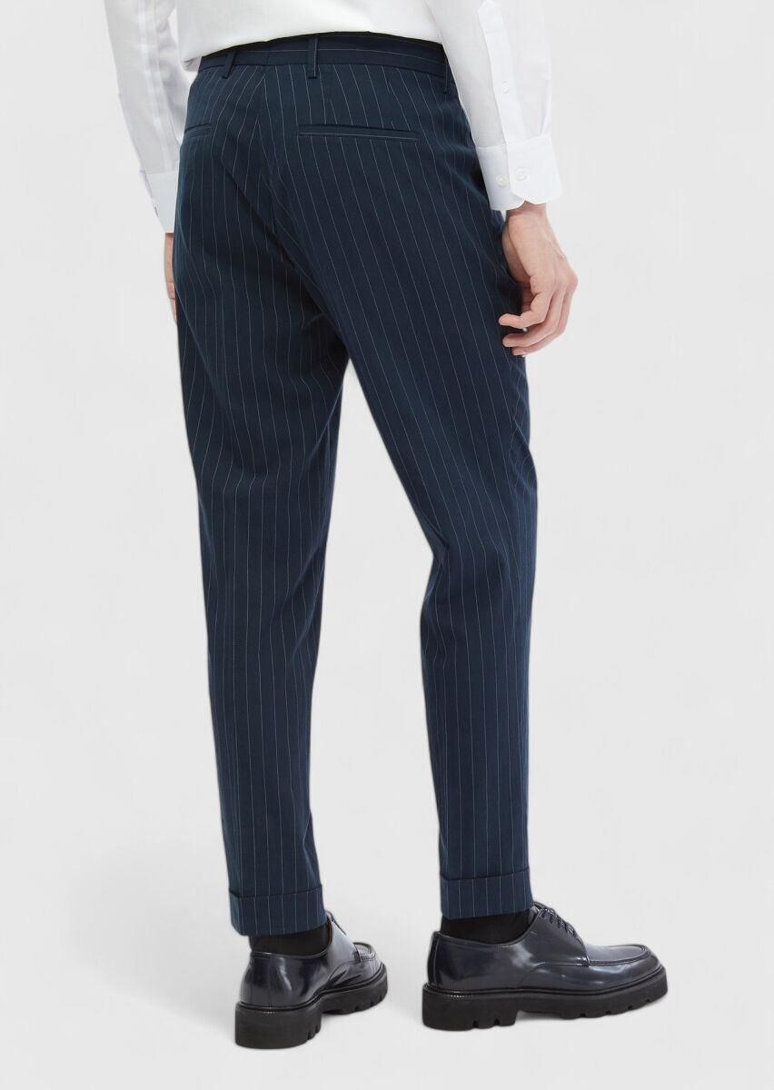 Navy Blue Weaving Carrot Fit Classical Trousers - 6