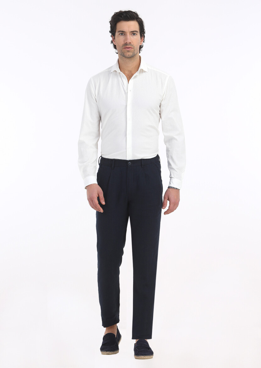 Navy Blue Weaving Jogging Fit Casual 100% Linen Trousers - 1