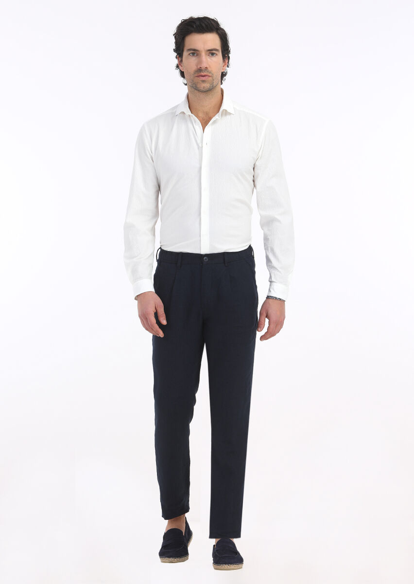 Navy Blue Weaving Jogging Fit Casual 100% Linen Trousers - 1