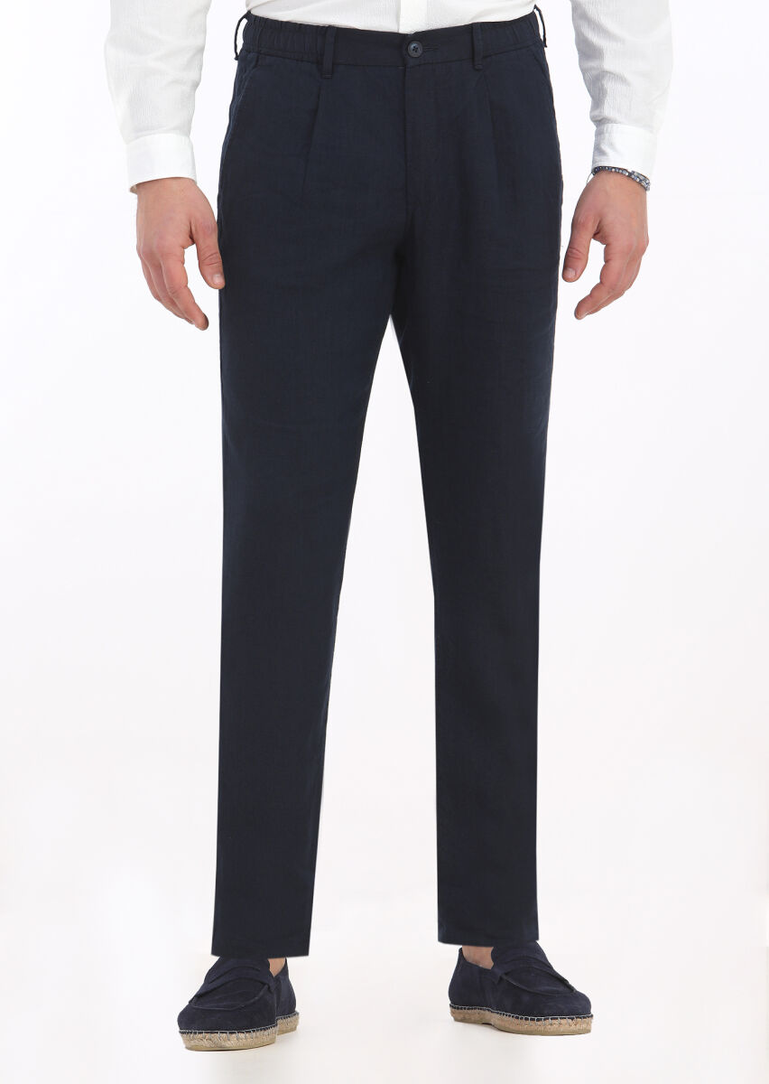 Navy Blue Weaving Jogging Fit Casual 100% Linen Trousers - 2