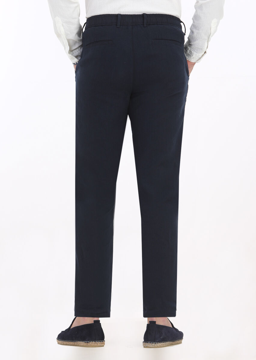 Navy Blue Weaving Jogging Fit Casual 100% Linen Trousers - 4
