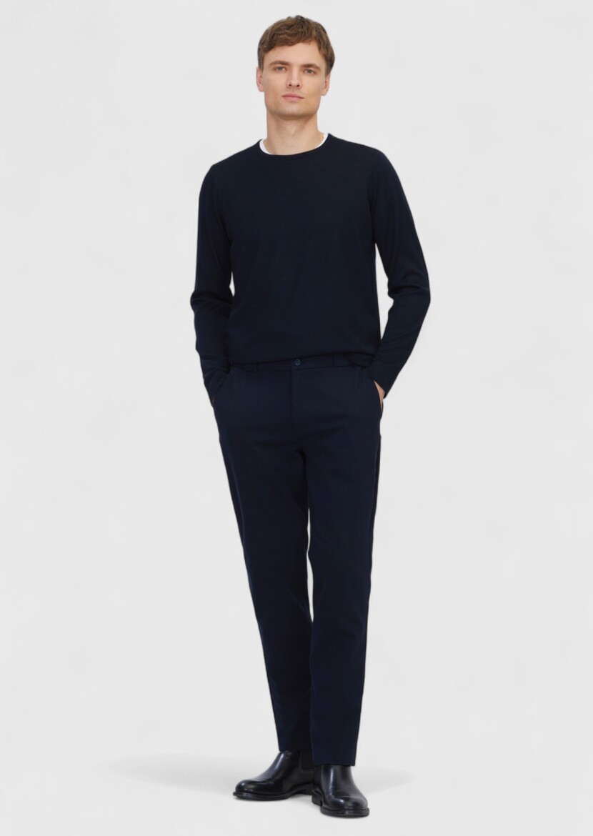 Navy Blue Weaving Jogging Fit Casual Cotton Blended Trousers - RAMSEY