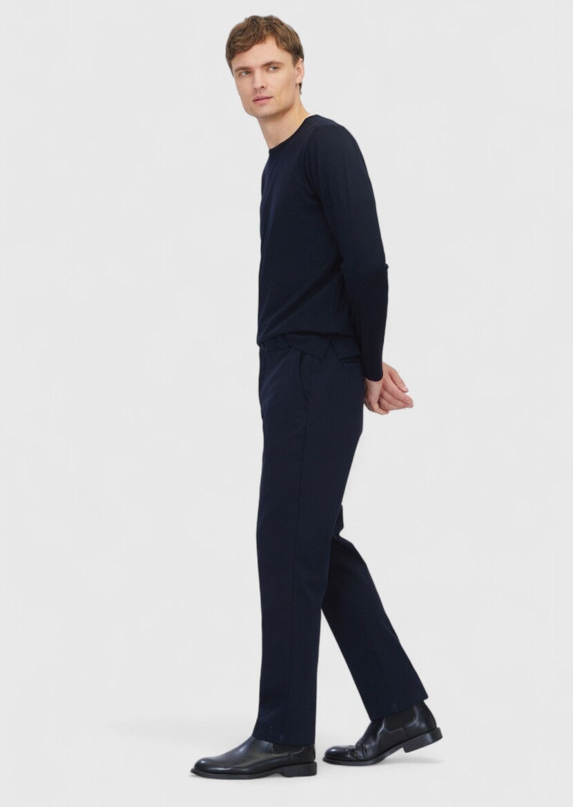 Navy Blue Weaving Jogging Fit Casual Cotton Blended Trousers - RAMSEY
