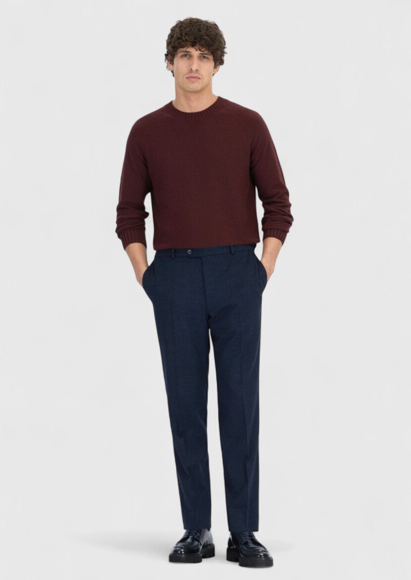 Navy Blue Weaving Modern Fit Casual Trousers - RAMSEY
