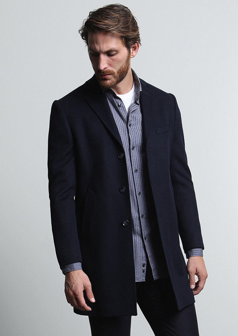 Navy Blue Weaving Overcoat - 1