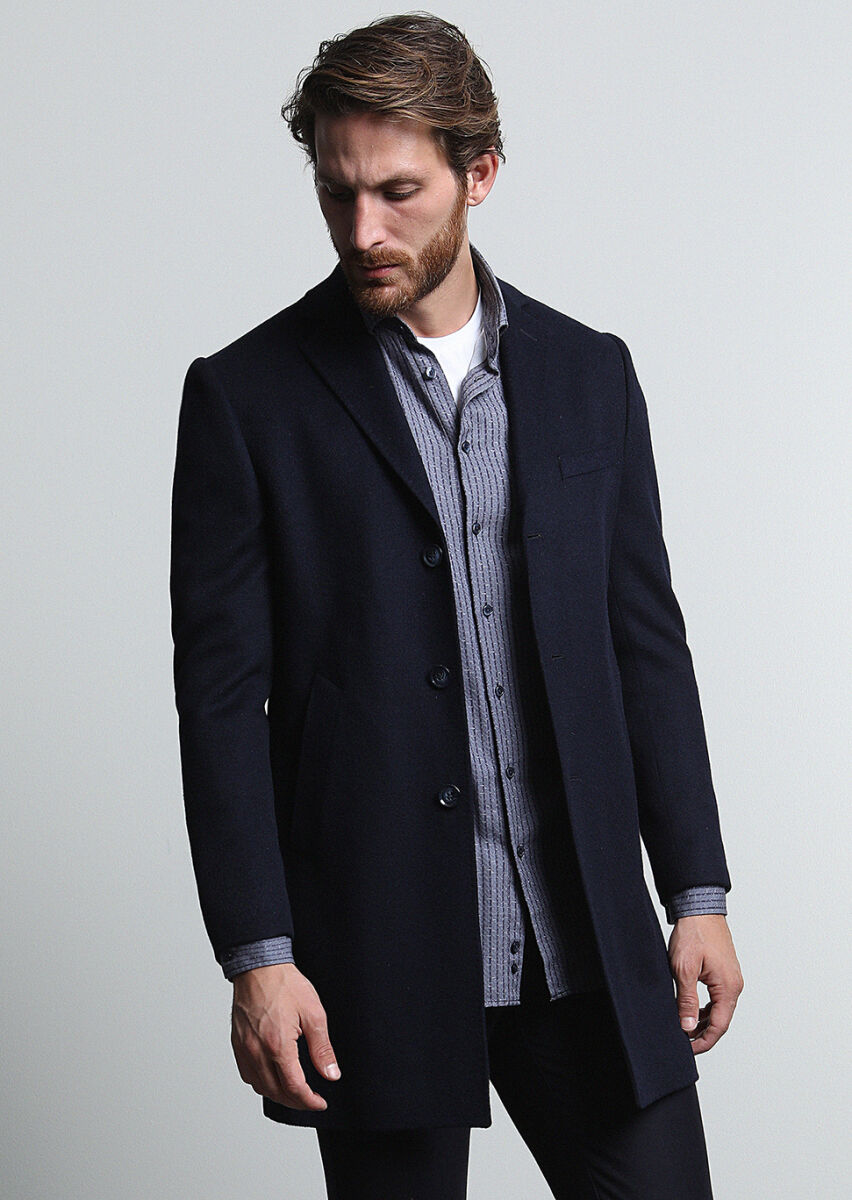 Navy Blue Weaving Overcoat - 1