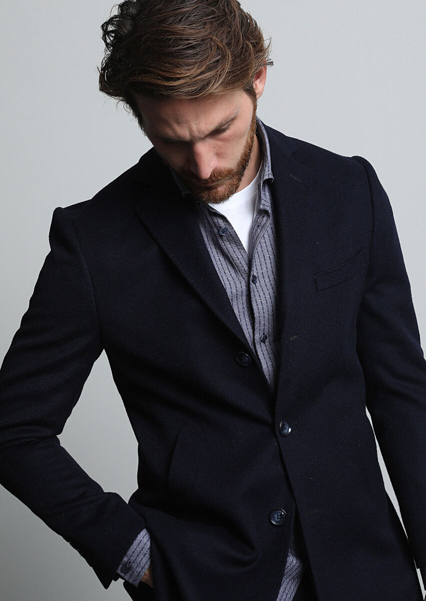 Navy Blue Weaving Overcoat - 3