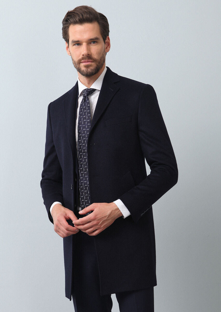 Navy Blue Weaving Overcoat - 4
