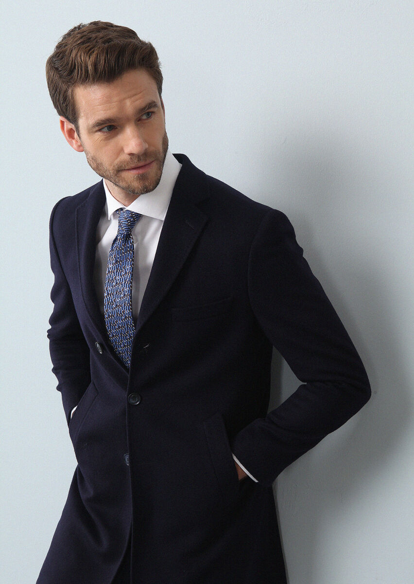 Navy Blue Weaving Overcoat - 1