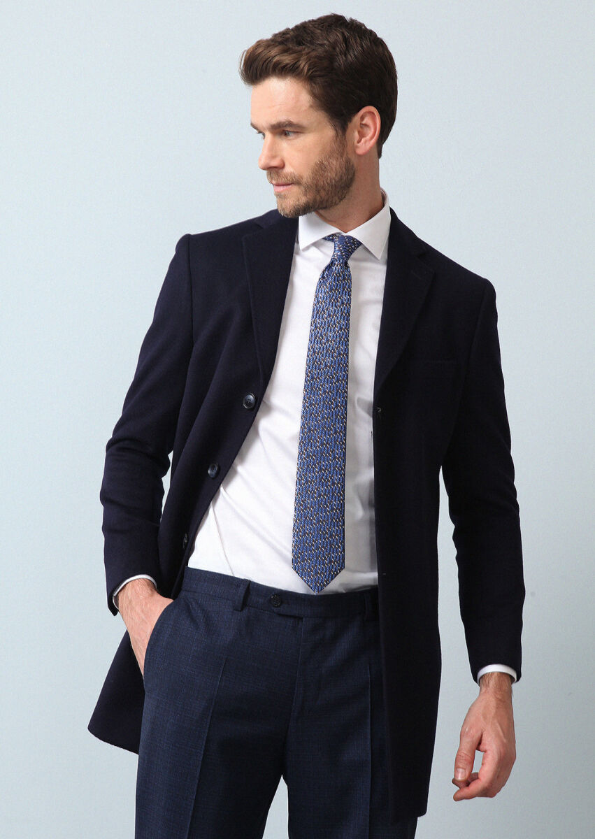 Navy Blue Weaving Overcoat - 2