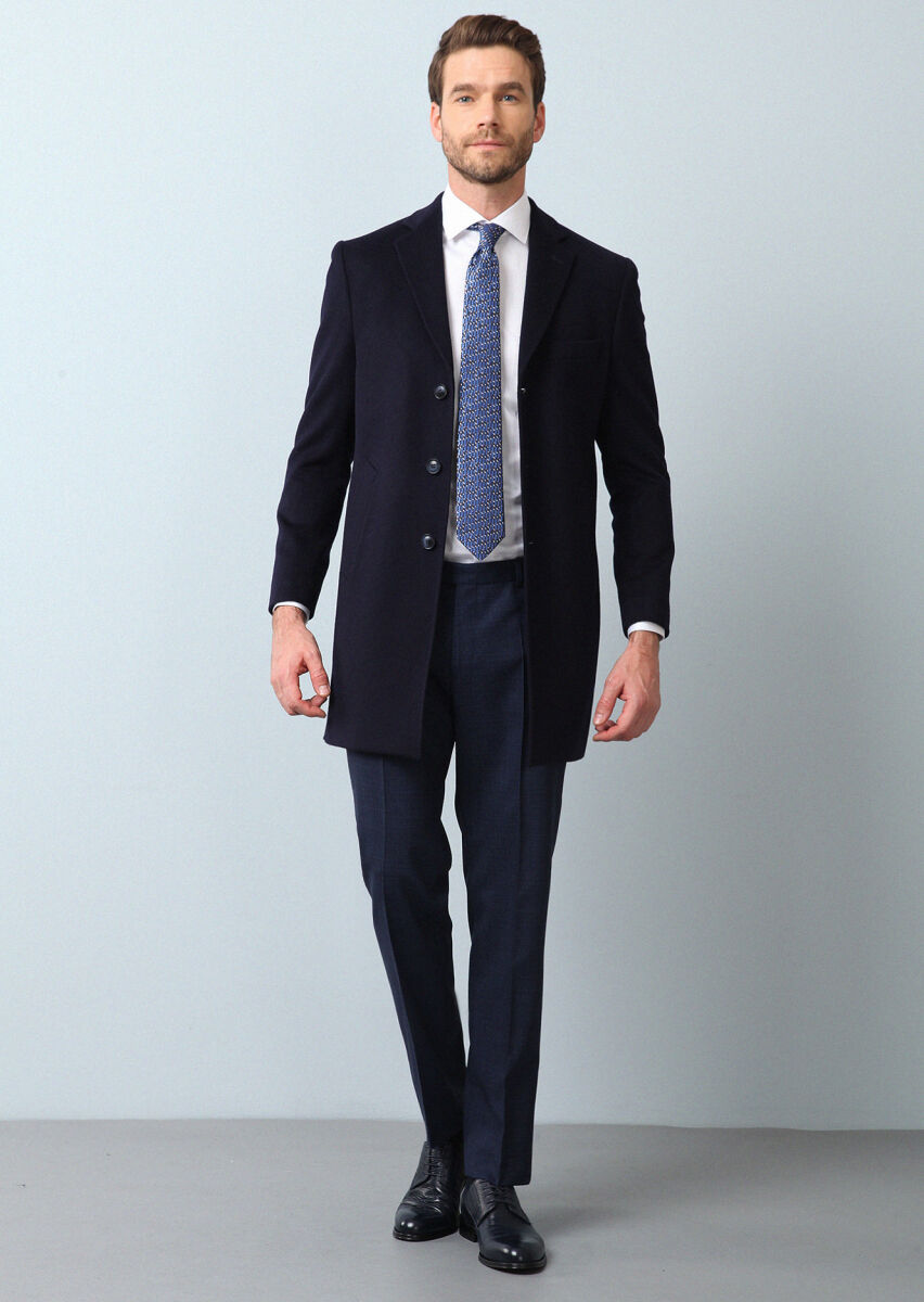 Navy Blue Weaving Overcoat - 3