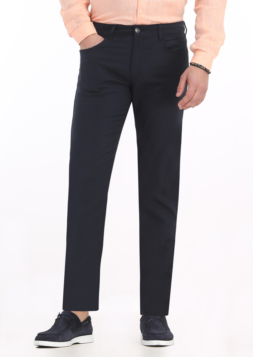 Navy Blue Weaving Slim Fit Casual Cotton Blended Trousers 