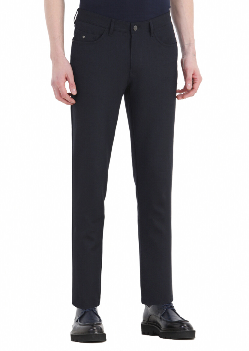 Navy Blue Weaving Slim Fit Casual Trousers - 3