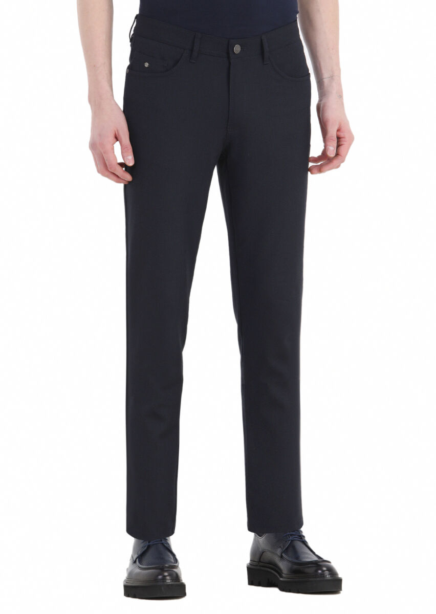 Navy Blue Weaving Slim Fit Casual Trousers - 3