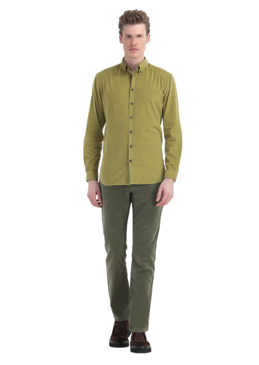 Oil Green Ribbed Regular Fit Weaving Casual 100% Cotton Shirt 