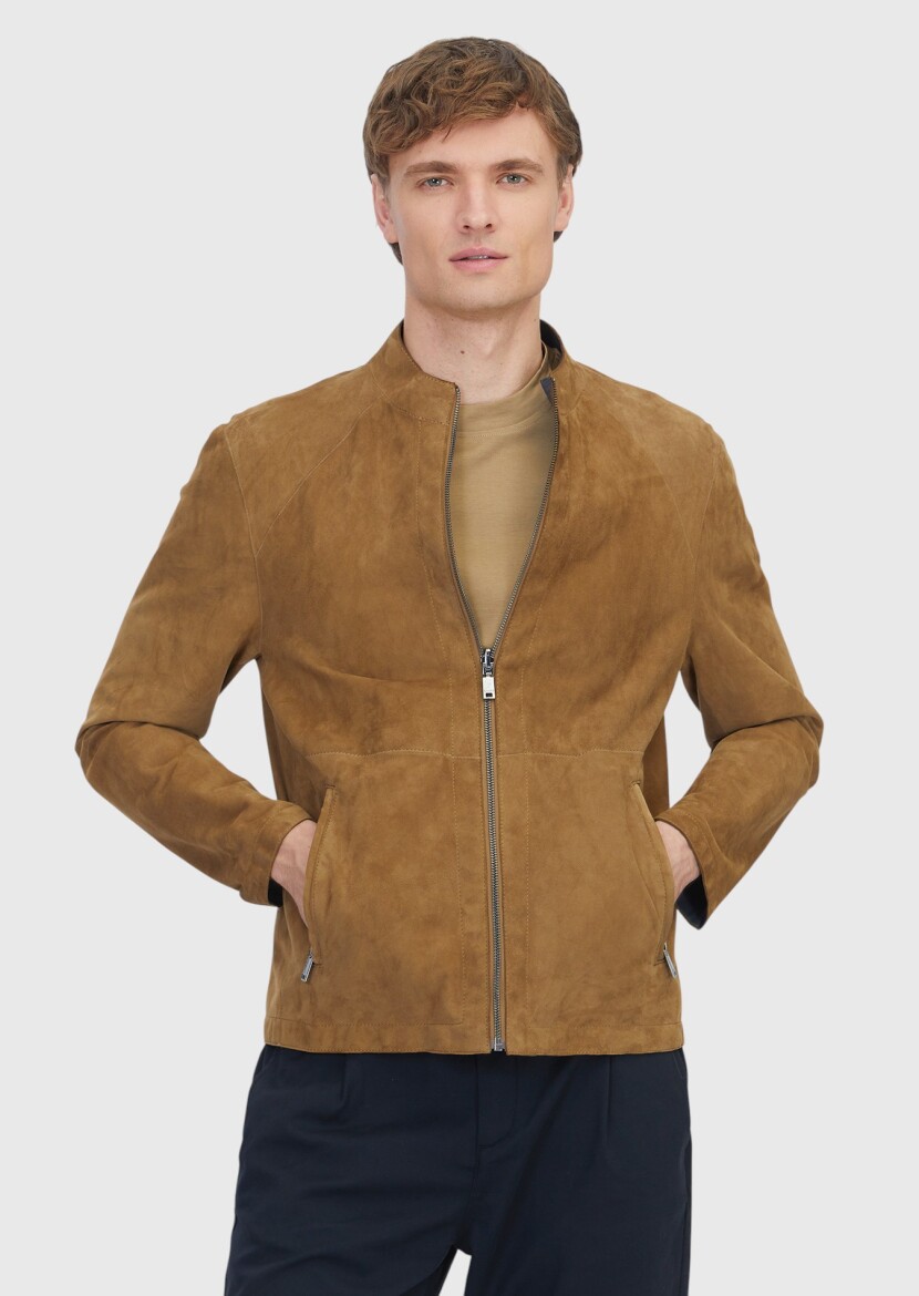 Olive Turtleneck Casual Double-Sided Leather Coat - RAMSEY