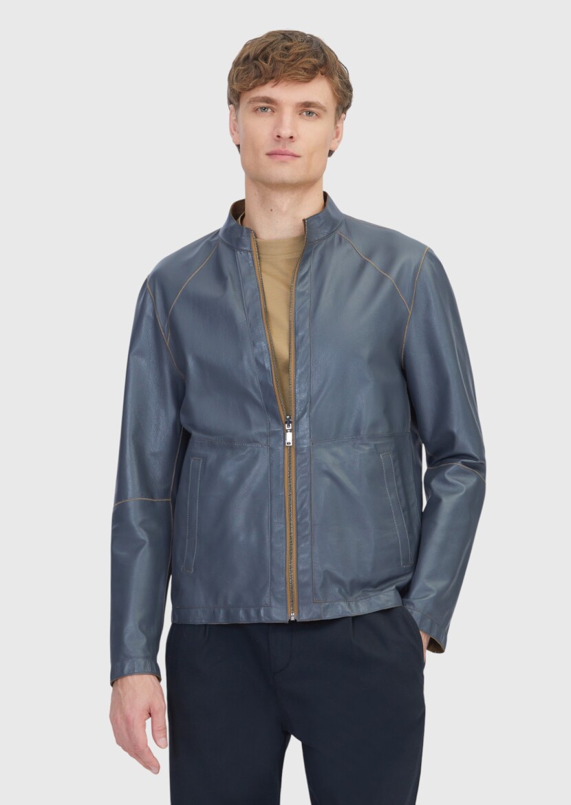 Olive Turtleneck Casual Double-Sided Leather Coat - RAMSEY