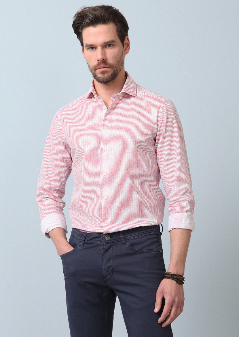 Pembe Baskılı Regular Fit Dokuma Casual %100 Pamuk Gömlek 