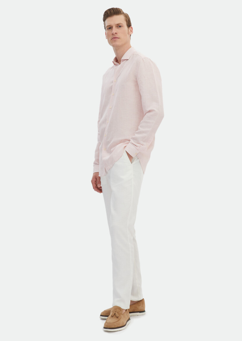 Pembe Çizgili Regular Fit Dokuma Casual Keten Karışımlı Gömlek 