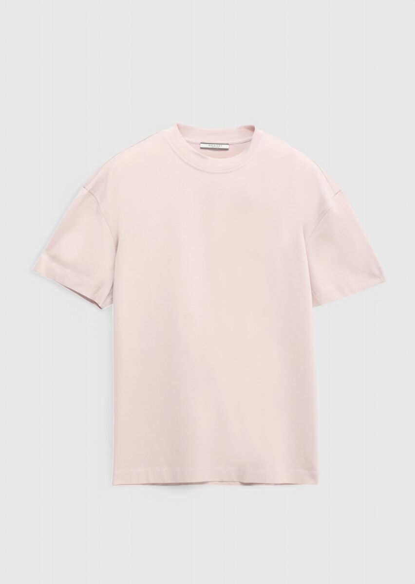 Pembe Düz Bisiklet Yaka %100 Pamuk T-Shirt - 6