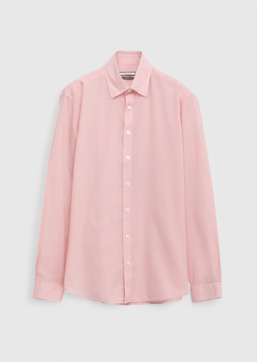Pembe Düz Casual Fit Dokuma Casual %100 Pamuk Gömlek 
