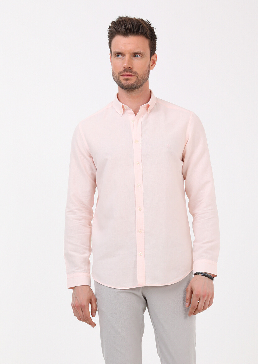 Pembe Düz Regular Fit Dokuma Casual Pamuk Karışımlı Gömlek 