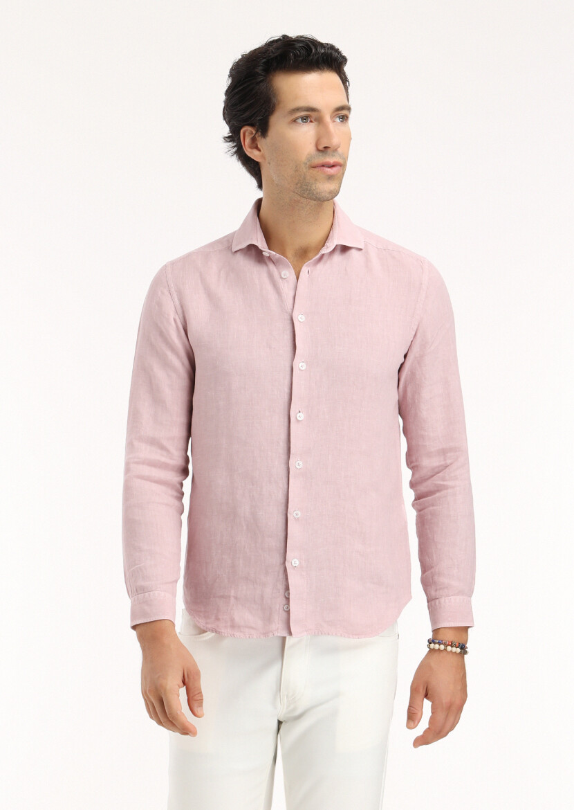 Pembe Düz Regular Fit Dokuma Casual Pamuk Karışımlı Gömlek 
