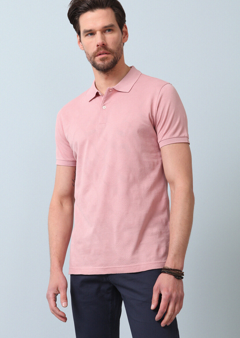 Pembe Jakarlı Polo Yaka %100 Pamuk T-Shirt 