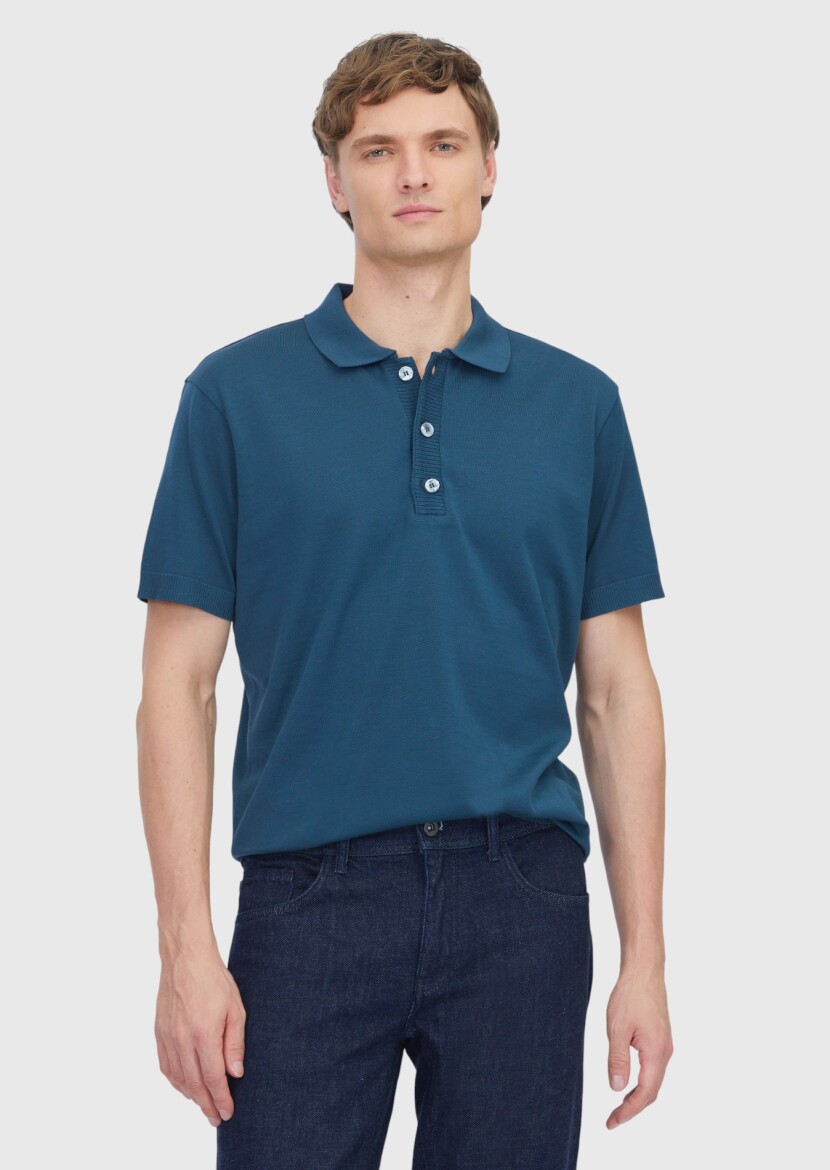 Petrol Blue Plain Polo Neck 100% Cotton T-Shirt - RAMSEY
