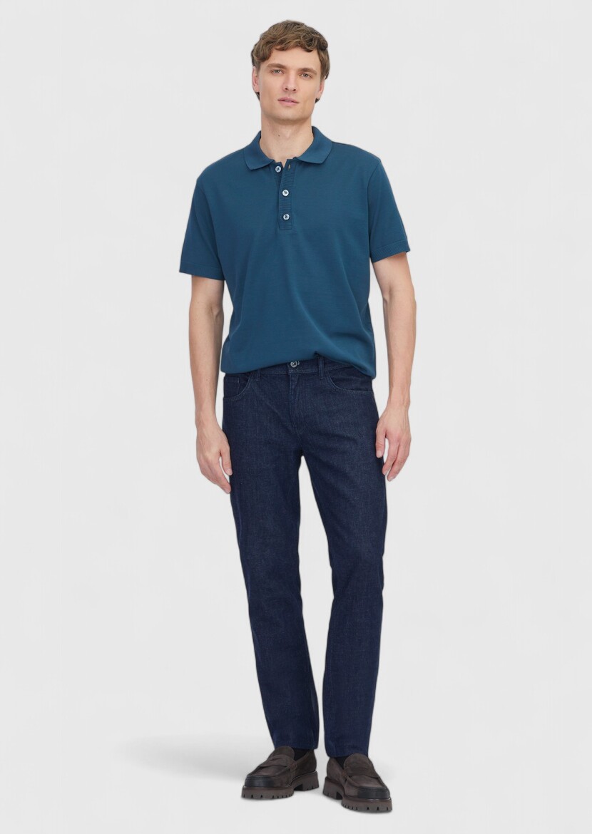 Petrol Blue Plain Polo Neck 100% Cotton T-Shirt - RAMSEY