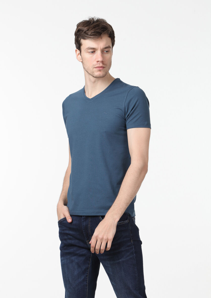 Petrol Blue Plain V-Neck Cotton Blended T-Shirt - 1