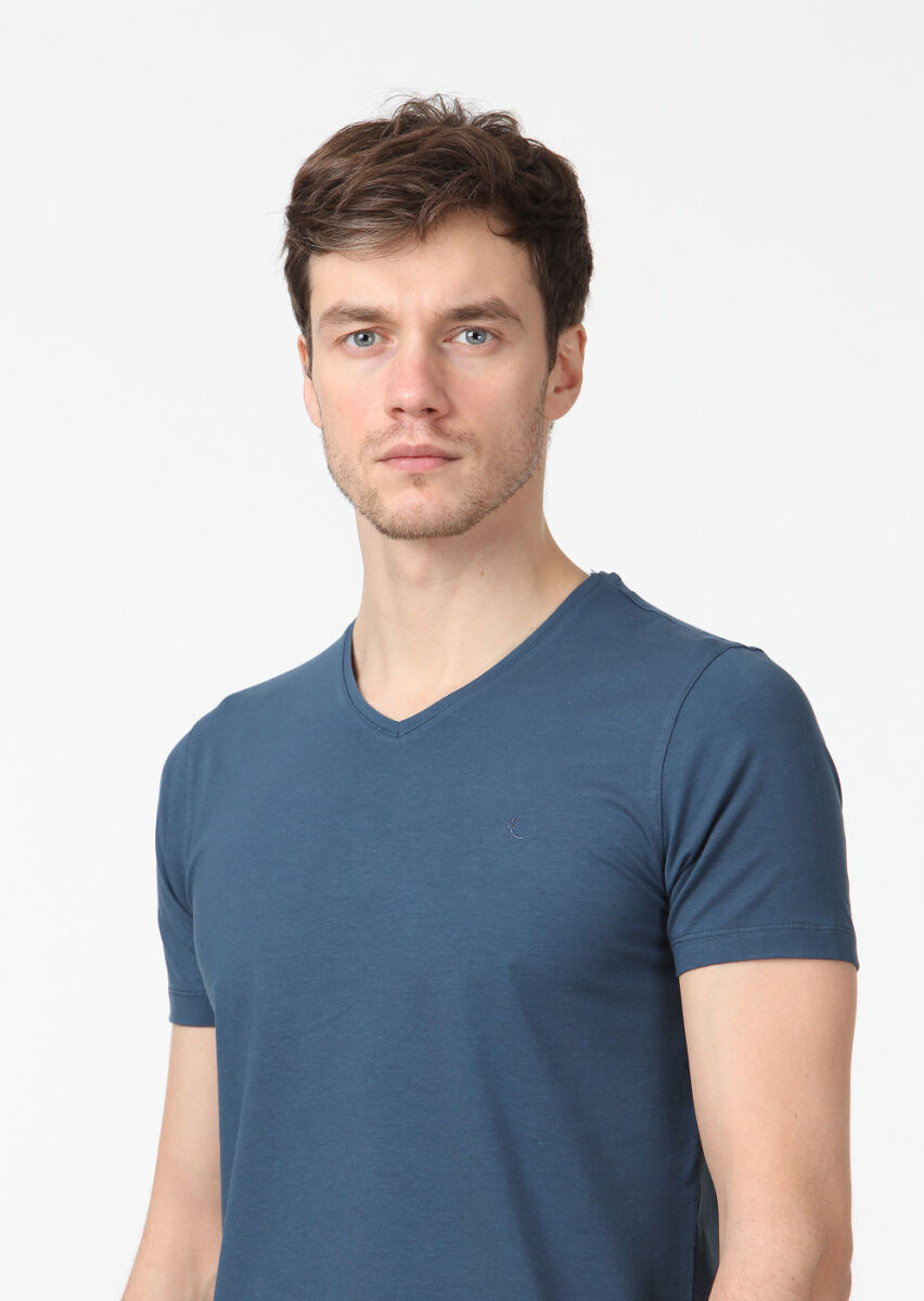 Petrol Blue Plain V-Neck Cotton Blended T-Shirt - 3