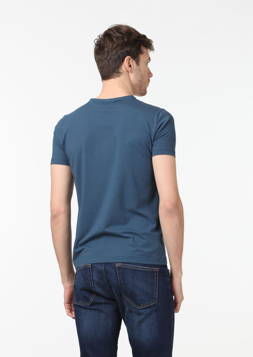 Petrol Blue Plain V-Neck Cotton Blended T-Shirt - 4