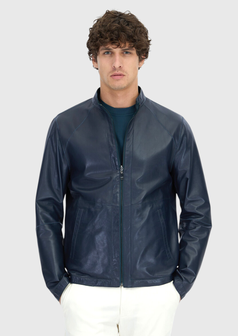 Petrol Blue Turtleneck Casual Double-Sided Leather Coat - RAMSEY