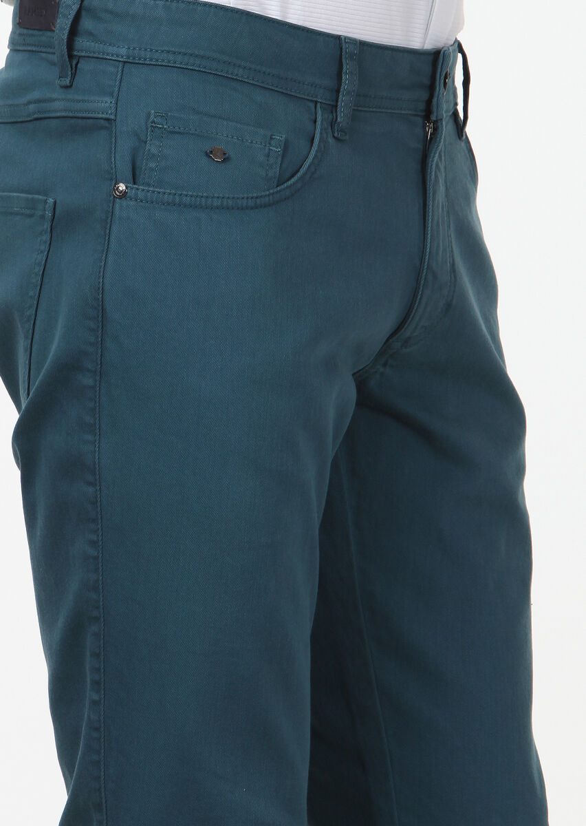 Petrol Düz Dokuma Slim Fit Casual Pamuk Karışımlı Pantolon - 3