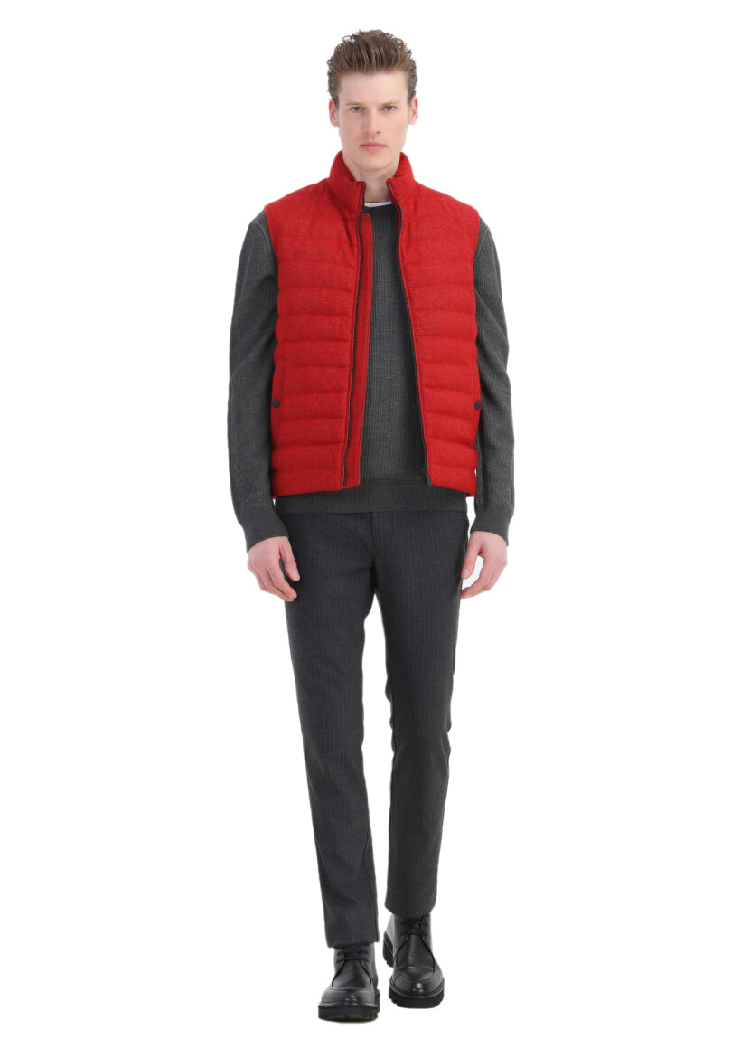 Red Wool Blended Weaving Puffer Vest 